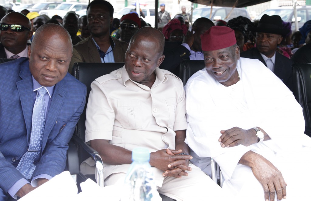 From left: Dr Pius Odubu, Deputy Governor,  Governor Adams Oshiomhole of Edo State and Dr Samuel Ogbemudia, two-time Governor of defunct Mid-West and Bendel States at the unveiling of a statue in honour of Dr. Samuel Ogbemudia at the state-owned stadium in Benin City on Wednesday.