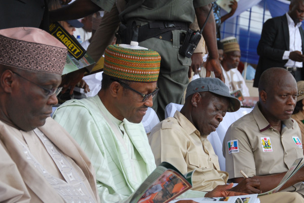 From left: Alhaji Atiku Abubakar, former Vice President, Maj.-Gen Mohammadu Buhari (rtd), former Head of State, Governor Adams Oshiomhole of Edo State and Dr Pius Odubu, Deputy Governor, Edo State at the celebration of the 6th Anniversary of the administration of Governor Adams Oshiomhole in Benin City, Edo State, Wednesday.