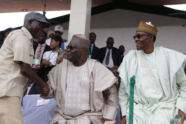 From left: Governor Adams Oshiomhole of Edo State, Alhaji Atiku Abubakar, former Vice President and Maj.-Gen Mohammadu Buhari (rtd),former Head of State, at the celebration of the 6th Anniversary of the administration of Governor Adams Oshiomhole in Benin City, Edo State, Wednesday.