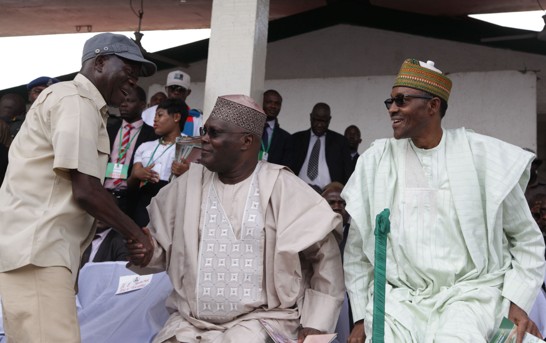 From left: Governor Adams Oshiomhole of Edo State, Alhaji Atiku Abubakar, former Vice President and Maj.-Gen Mohammadu Buhari (rtd),former Head of State, at the celebration of the 6th Anniversary of the administration of Governor Adams Oshiomhole in Benin City, Edo State, Wednesday.