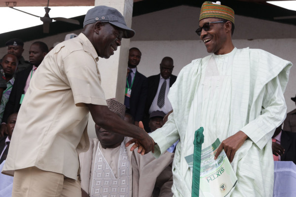 Governor Adams Oshiomhole of Edo State and Maj.-Gen Mohammadu Buhari (rtd), former Head of State, at the celebration of the 6th Anniversary of the administration of Governor Adams Oshiomhole in Benin City, Edo State, Wednesday