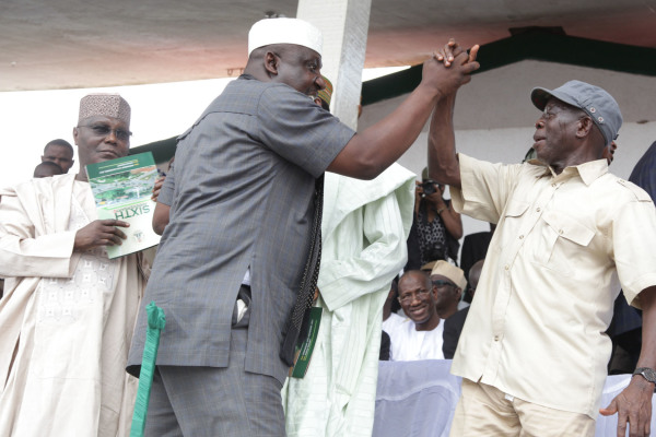 From left: Alhaji Atiku Abubakar, former Vice President Governor Rochas Okorocha of Imo State and Governor Adams Oshiomhole of Edo State at the celebration of the 6th Anniversary of the administration of Governor Adams Oshiomhole in Benin City, Edo State, Wednesday.