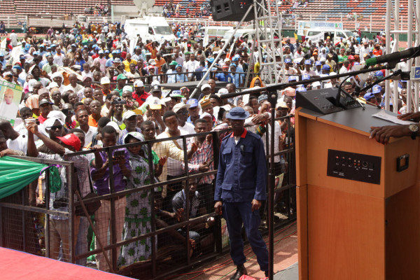 Governor Adams Oshiomhole addressses the crowd at the Samuel Ogbemudia Stadium during the celebration of the 6th Anniversary of the administration of Governor Adams Oshiomhole in Benin City, Edo State, Wednesday.