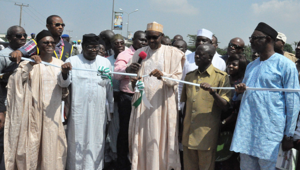 From left: Mallam Nasir el-Rufai, Prince Tony Momoh, Maj-Gen Mohammadu Buhari, former Head of State, Governor Adams Oshiomhole and Hon Anselm Ojezua, APC Chairman, Edo State at the commissioning of the six-lane Airport Road in Benin City, on Saturday