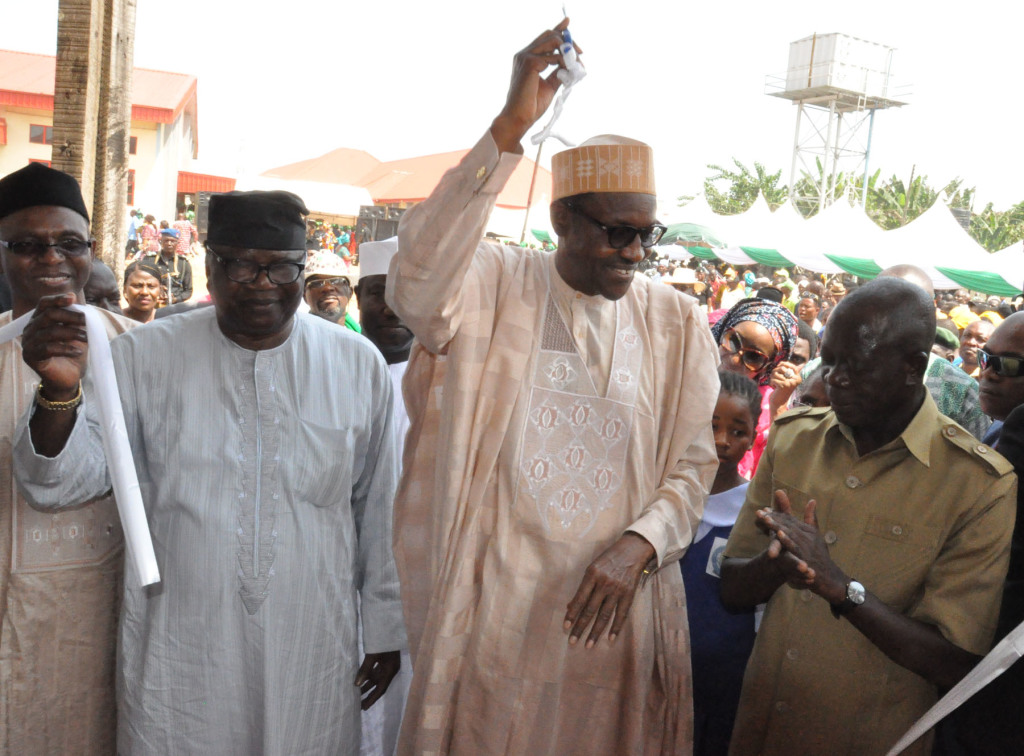 From left: Mallam Nasir el-Rufai, Prince Tony Momoh, Maj-Gen Mohammadu Buhari, former Head of State and Governor Adams Oshiomhole at the commissioning of the Imaguero College in Benin City, on Saturday.