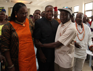 Governor Adams Oshiomhole receives Hon Roland Ehigiamusoe, founding members of the PDP, Hon Ehiogie West-Idahosa, 3-time member House of Representatives and Senatorial aspirant of the PDP and Chief (Mrs) Evelyn Igbafe, National President, Goodluck-for-Transformation during their defection to the All Progressives Congress (APC), on Wednesday.