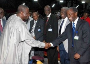 President Jonathan and Prof. Osinbajo were also seen exchanging greetings at the February’s Holy Ghost Service held at the Redemption Camp on Friday.