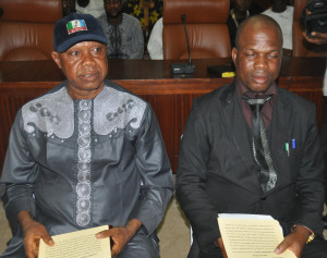 The Vice Chairman, now Acting Chairman, Etsako West Local Government Area, Mr Busari Yusuf (left) and the Chairman (now suspended) Mr Alhassan Mohammed after taking their oaths of office, Tuesday.