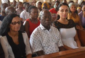 Mrs Fortes, (mother of the Governor's wife) Governor Adams Oshiomhole and his wife Iara Oshiomhole at a Thanksgiving Mass held at the Immaculate Conception Cathedral, Auchi, on Sunday, to thank God for the success of their wedding ceremony.