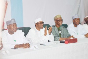 Dogara, Buhari, Odigie-Oyegun and Saraki at the NEC meeting.