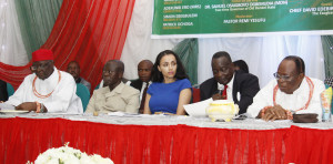 From left: HRH Prof Gregory Akenzua, Chairman of ocassion, Governor Adams Oshiomhole (Guest lecturer); Mrs Iara Oshiomhole and Dr Samuel Ogbemudia, former Governor of defunct Midwest and Bendel States, at a maiden public lecture organized by the Correspondents Chapel of the Edo State Council of the Nigeria Union of Journalists (NUJ) in Benin City entitled: “Dwindling Revenue from Crude Oil: The Challenges for State Governments”, on Wednesday. 