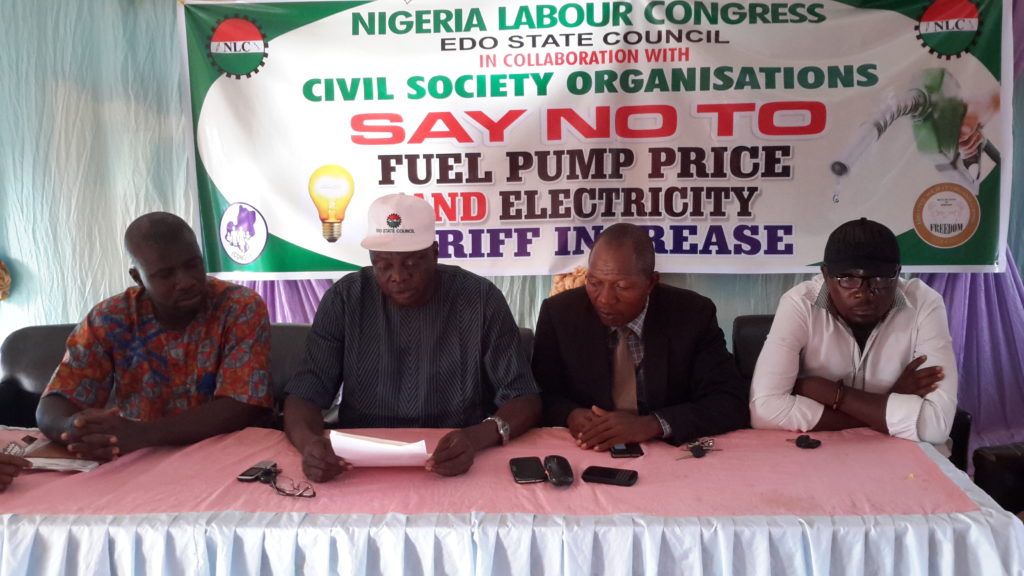 Edo NLC Chairman, Comrade Emmanuel Ademokun, flanked by Vice - chairman, Bashir Kadiri, Edo NUJ secretary, Alemma Ozorumba and the President of CONGOs