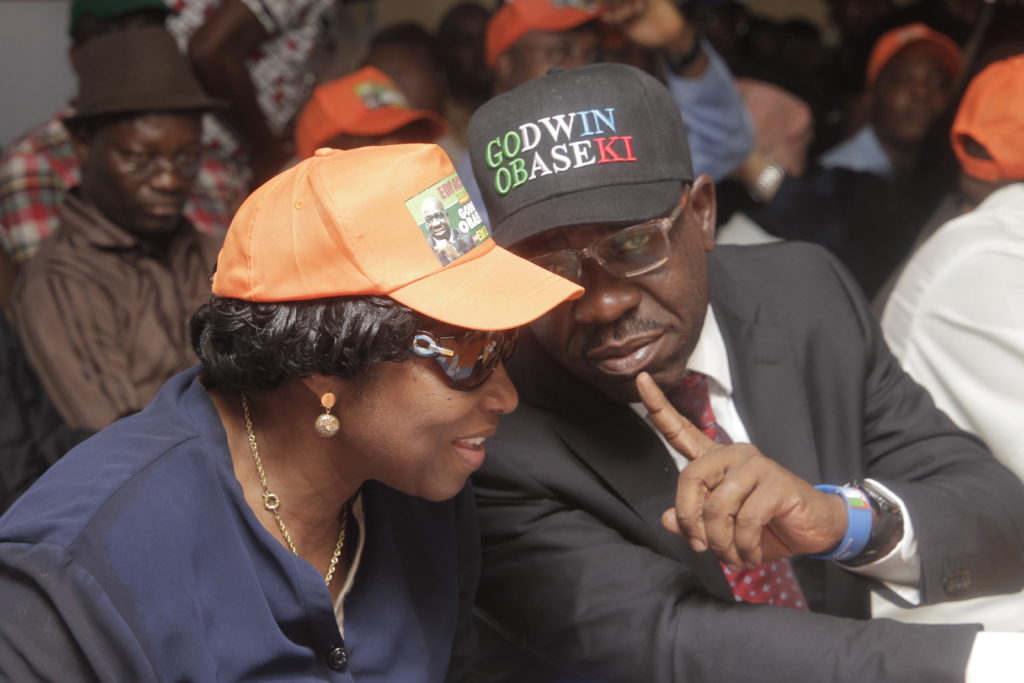 From L-R: Rt Hon. Elizabeth Ativie, Speaker Edo State House of Assembly and Governorship Aspirant of the All Progressives Congress, APC, Mr Godwin Obaseki at the Former declaration yesterday in Benin City on Friday.