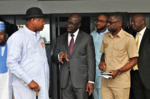 Governor Godwin Obaseki and Brig-Gen Paul Boroh discussing while Deputy Governor, Rt. Hon.               Philp Shuaibu and the Secretary to the State Government, Osarodion Ogie Esq. observe closely