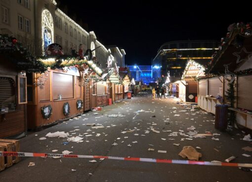 A view of the cordoned-off Christmas market after an incident in Magdeburg, Germany, on Friday December 20. Heiko Rebsch/dpa/AP