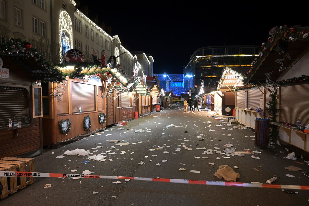 A view of the cordoned-off Christmas market after an incident in Magdeburg, Germany, on Friday December 20. Heiko Rebsch/dpa/AP