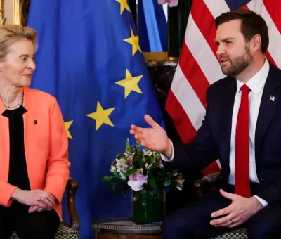 US Vice President JD Vance (R) exchanges remarks with President of the European Commission Ursula von der Leyen (L) during a bilateral meeting held at the Chief of Mission's residence at the US embassy†in†Paris on February 11, 2025. (Photo by Ian LANGSDON / AFP)