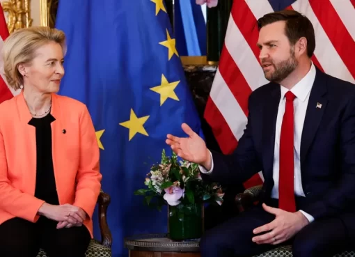 US Vice President JD Vance (R) exchanges remarks with President of the European Commission Ursula von der Leyen (L) during a bilateral meeting held at the Chief of Mission's residence at the US embassy†in†Paris on February 11, 2025. (Photo by Ian LANGSDON / AFP)