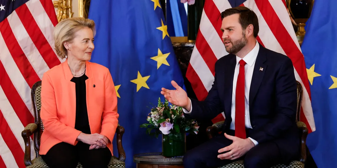 US Vice President JD Vance (R) exchanges remarks with President of the European Commission Ursula von der Leyen (L) during a bilateral meeting held at the Chief of Mission's residence at the US embassy†in†Paris on February 11, 2025. (Photo by Ian LANGSDON / AFP)